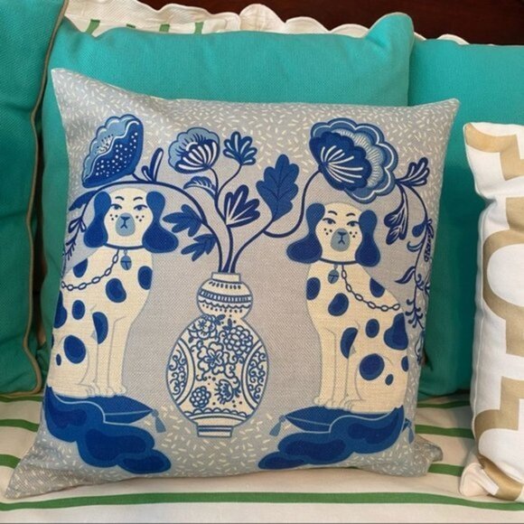 2 Staffordshire Dog Pillow Covers in Pink or Blue Chinoiserie New - Picture 13 of 16